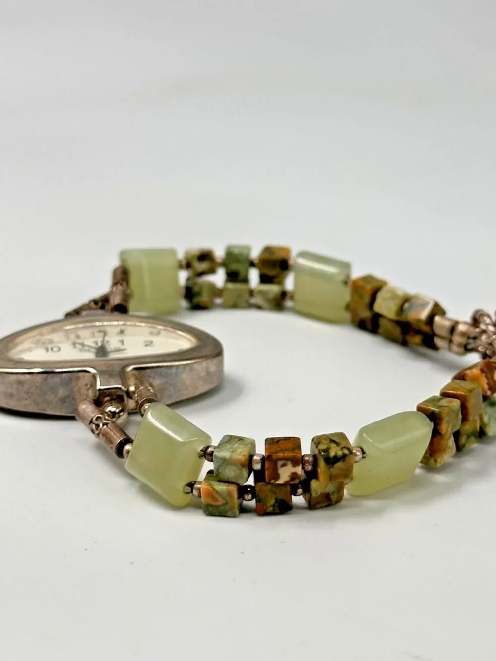 Geneva Watch Women Silver Tone Unakite Beaded Band Sterling Clasp New Battery